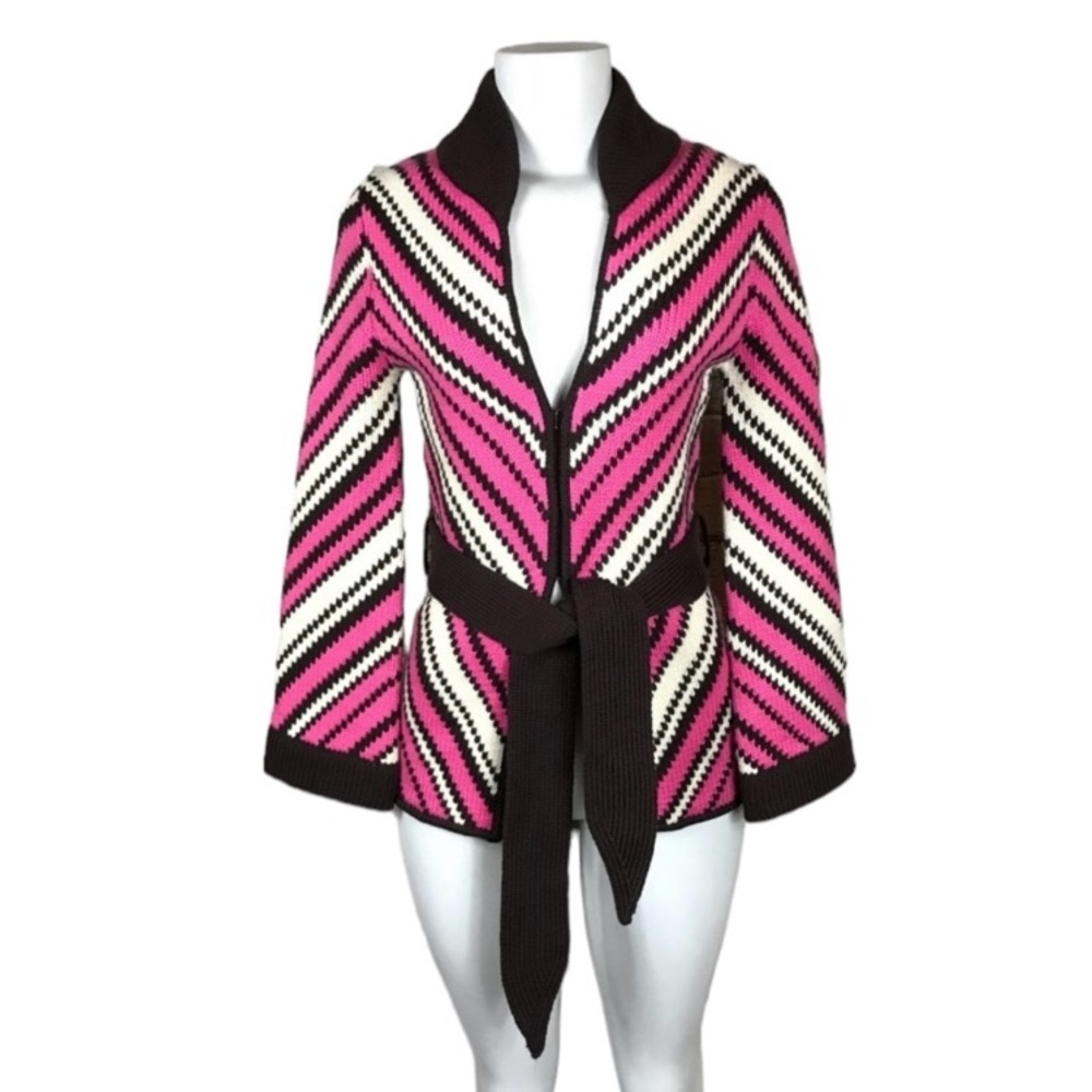 Alice + Olivia Cardigan Knit Sweater 100% Wool Chevron V Neck Hippie Boho Artsy